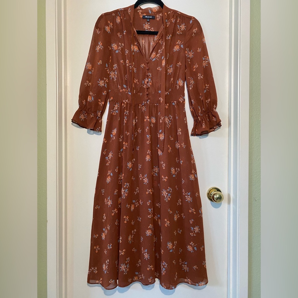 Madewell Brown Floral Long Sleeve Dress Georgette tie-neck midi dress
